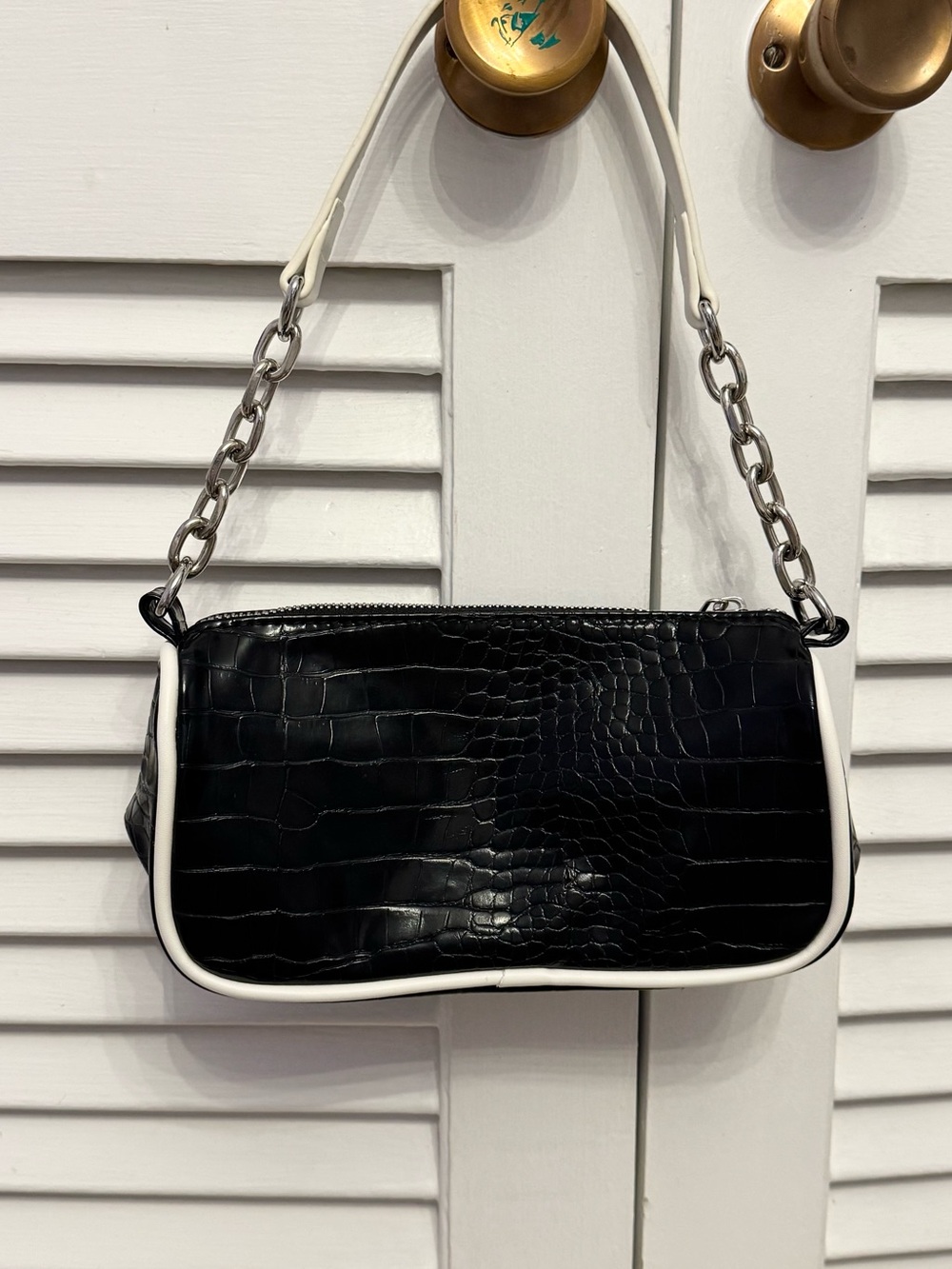 Urban Outfitters Black Croc-Embossed Shoulder Bag with White Trim